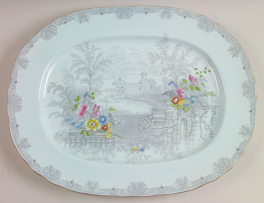 Queen's Garden (Blue, Scalloped) 15" Oval Serving Platter by John  Aynsley & Sons-1