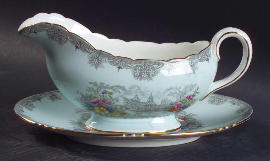 Queen's Garden (Blue, Scalloped) Gravy Boat & Underplate by John  Aynsley & Sons-1
