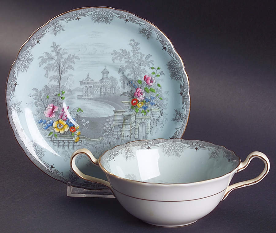 Queen's Garden (Blue, Scalloped) Flat Cream Soup Bowl & Saucer Set by John  Aynsley & Sons-1