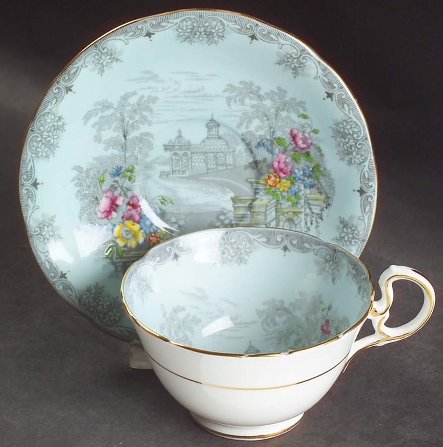Queen's Garden (Blue, Scalloped) Footed Cup & Saucer Set by John  Aynsley & Sons-1