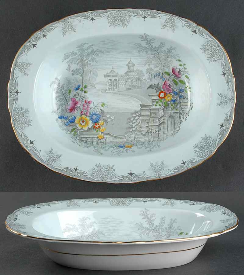 Queen's Garden (Blue, Scalloped) 10" Oval Vegetable Bowl by John  Aynsley & Sons-1