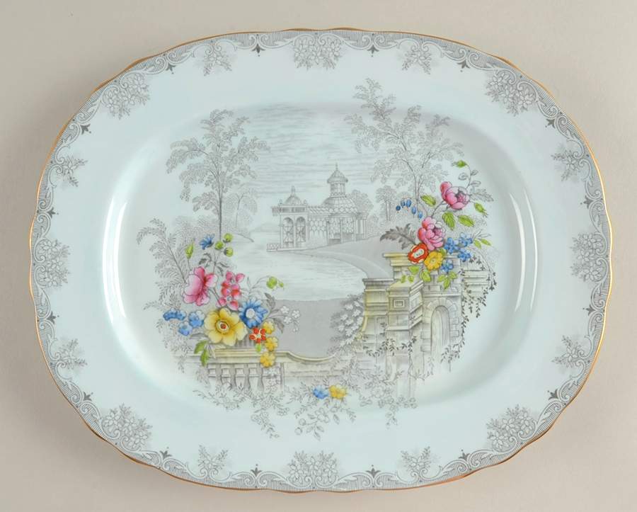 Queen's Garden (Blue, Scalloped) 11" Oval Serving Platter by John  Aynsley & Sons-1