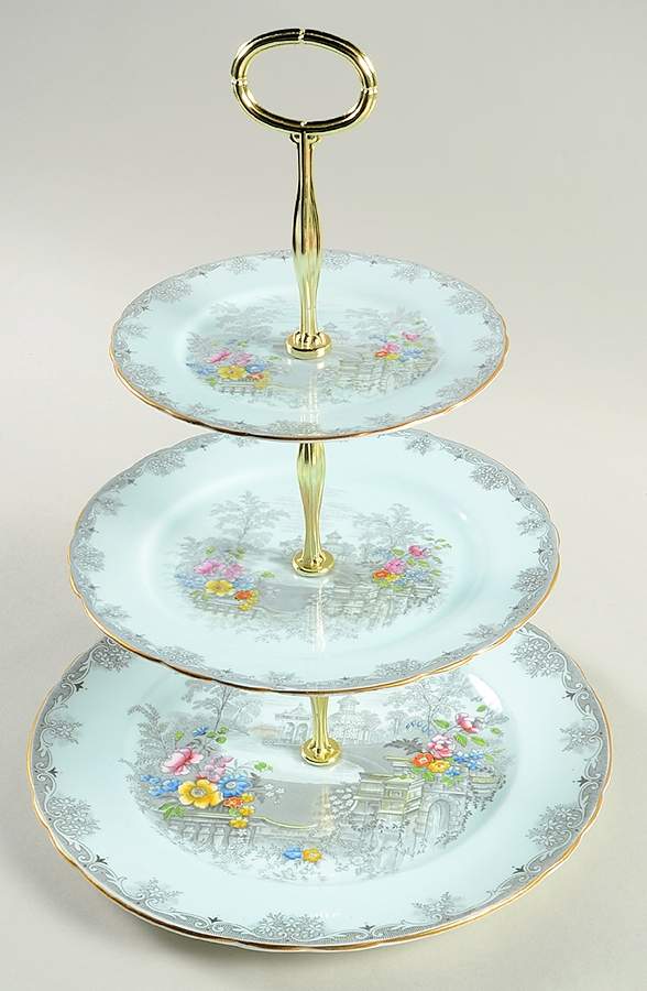 Queen's Garden (Blue, Scalloped) 3-Tiered Serving Tray (DP, SP, BB) by John  Aynsley & Sons-1