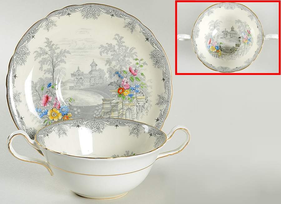 Queen's Garden (Ivory, Scalloped) Flat Cream Soup Bowl & Saucer Set by John  Aynsley & Sons-1