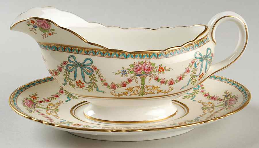 Rosedale (Bows, Flowers On Edge) Gravy Boat & Underplate by John  Aynsley & Sons-1
