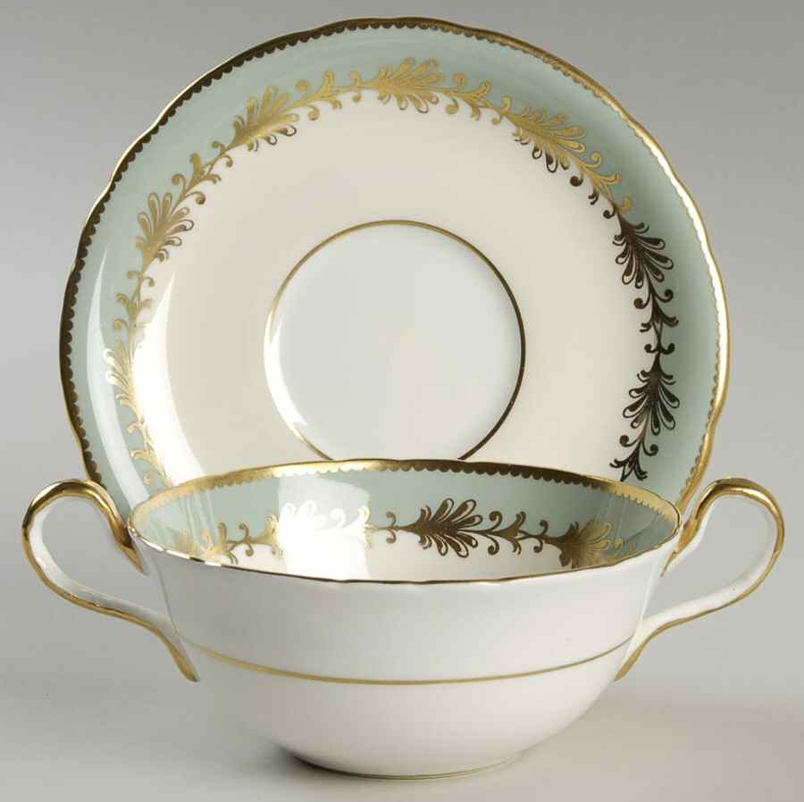Rutland Nile Sage Green (Scalloped) Flat Cream Soup Bowl & Saucer Set by John  Aynsley & Sons-1