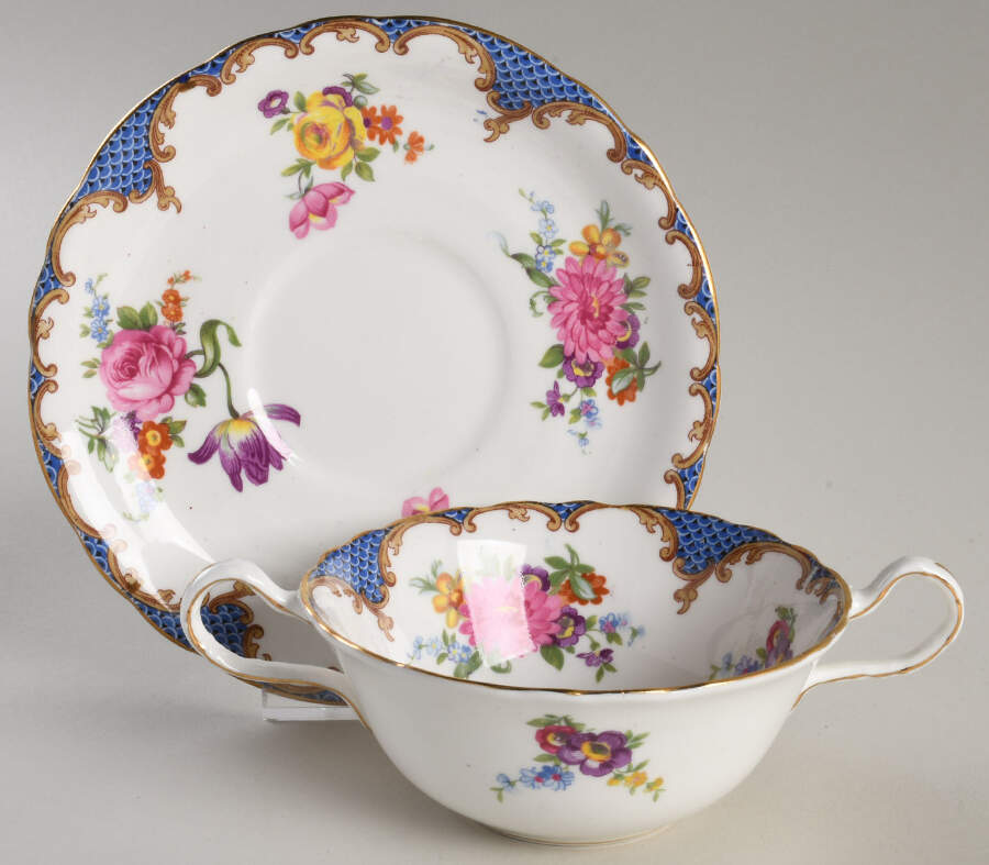 Wilton Blue (Heavy Gold) Flat Cream Soup Bowl & Saucer Set by John  Aynsley & Sons-1