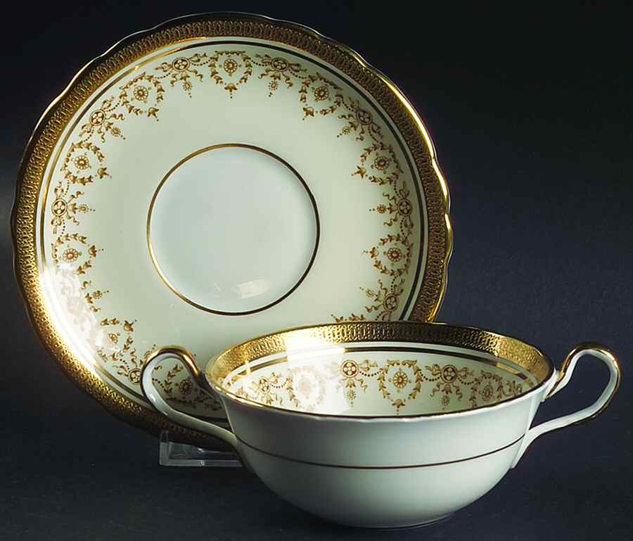 Gold Dowery Flat Cream Soup Bowl & Saucer Set by John  Aynsley & Sons-1