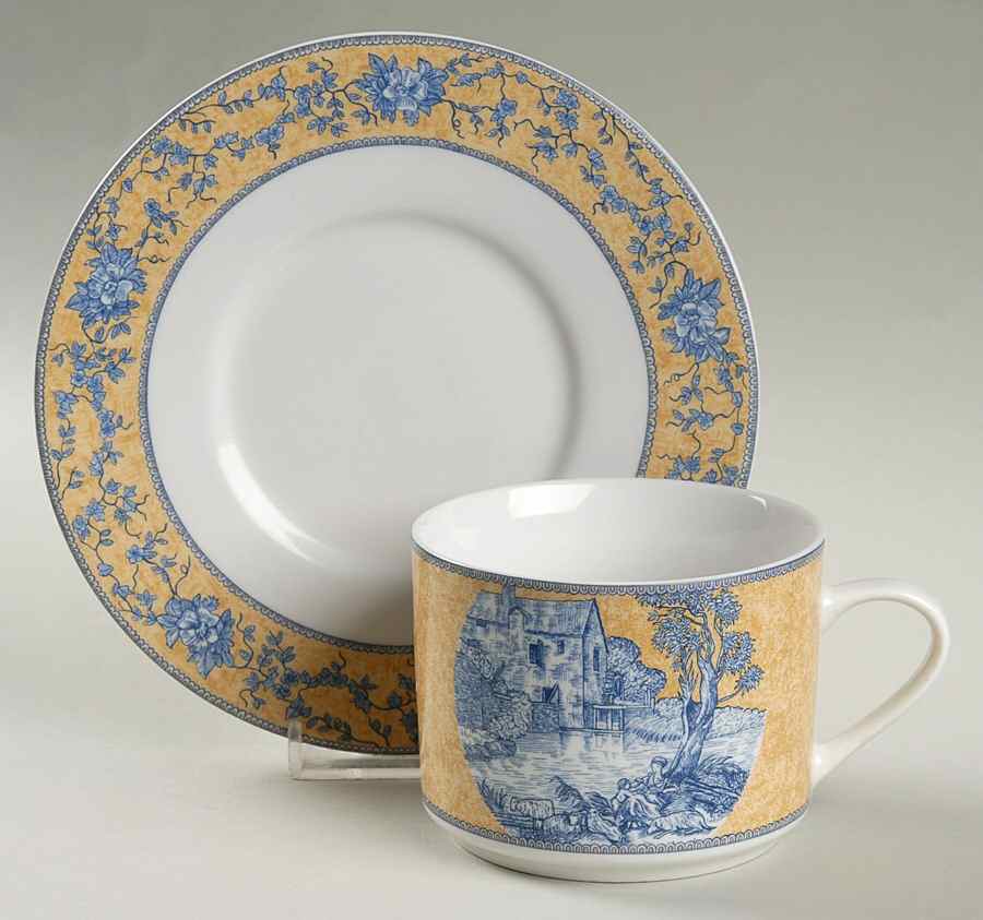 English Toile Blue Flat Cup & Saucer Set by American Atelier-1