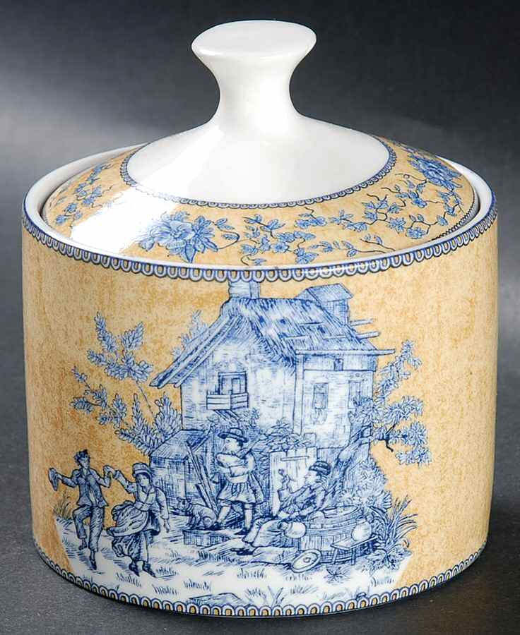 English Toile Blue Sugar Bowl & Lid by American Atelier-1