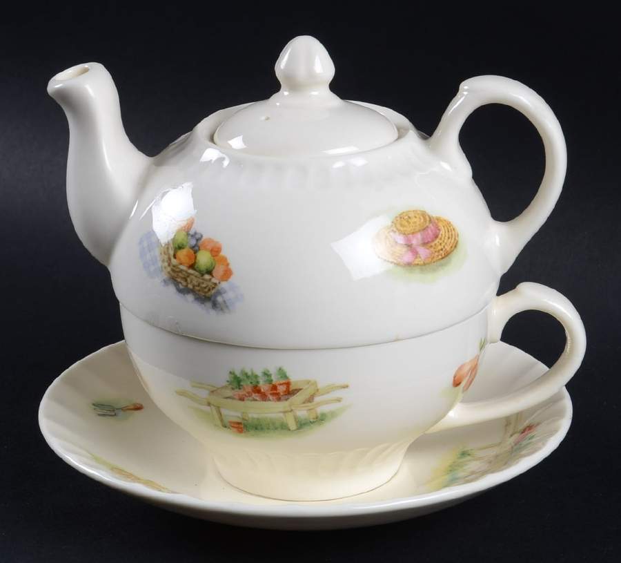 Edwardian Kitchen Garden Individual Teapot & Lid with Cup & Saucer by John  Aynsley & Sons-1
