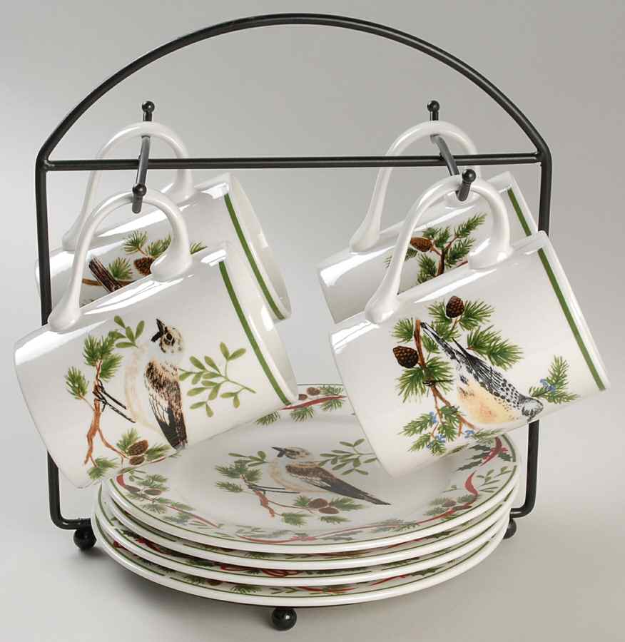 Christmas Woodland 9 Piece Set (4 Mugs, 4 Salad/Desserts & Metal Hld) by American Atelier-1