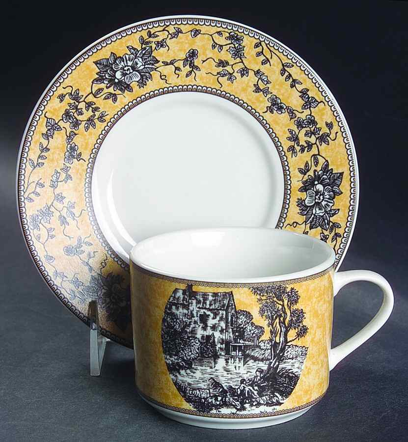 English Toile Black Flat Cup & Saucer Set by American Atelier-1