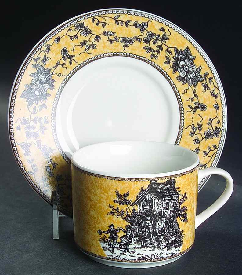 English Toile Black Flat Cup & Saucer Set by American Atelier-1