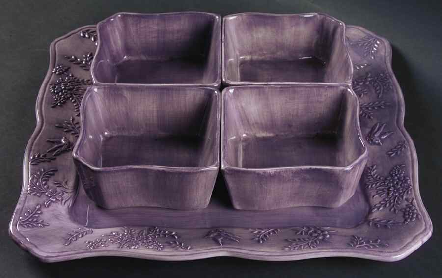 Floral Jardin Lavender (Square, Scalloped) Relish Dish with 5-Piece Tray & 4 Inserts by American Atelier-1