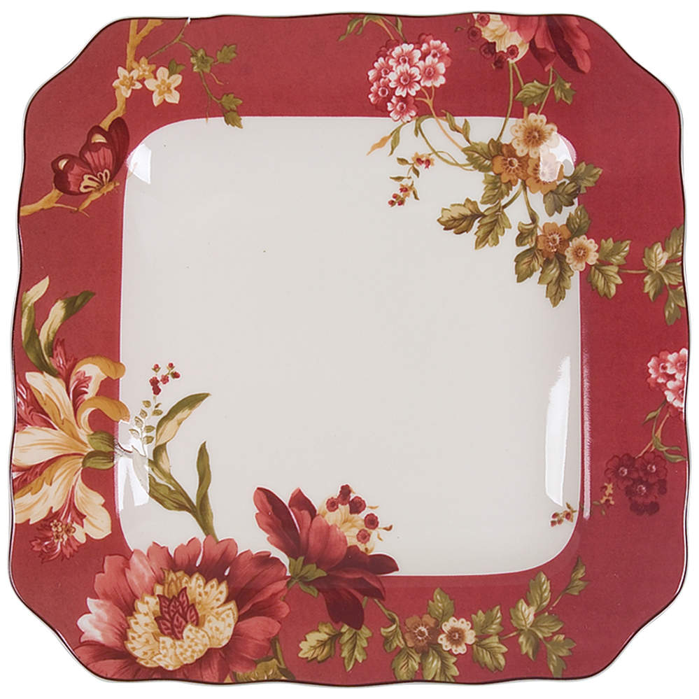 Summer Botanical Lutece Fleur Rouge Square Dinner Plate by 222 Fifth (PTS)-1