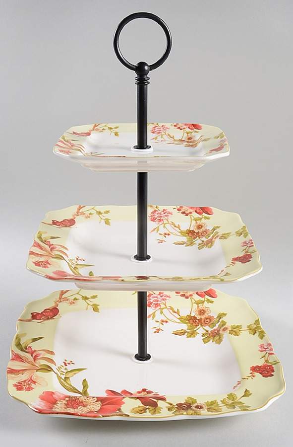 Summer Botanical Lutece Fleur Rouge 3 Tiered Tray (Square Dinner,Salad,Appetizer) by 222 Fifth (PTS)-1