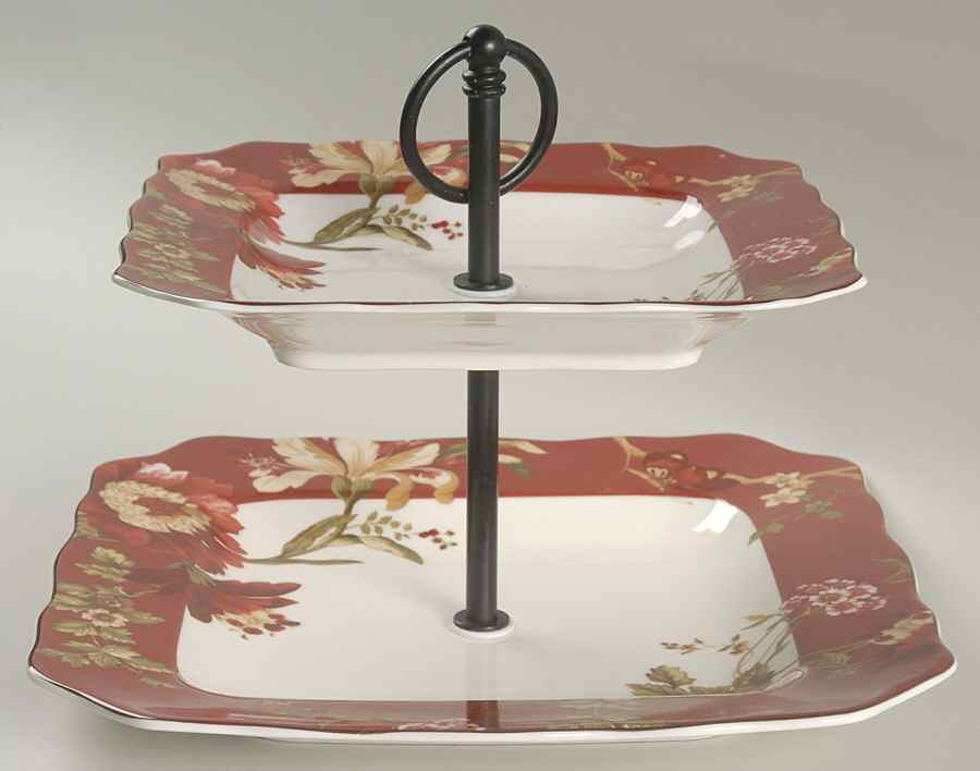 Summer Botanical Lutece Fleur Rouge 2 Tiered Serving Tray (Square Dinner&Salad Plate) by 222 Fifth (PTS)-1