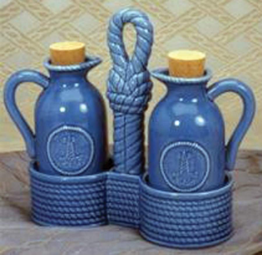 Nautical Blue 2 Oil/Vinegar W/Cork Stoppers in Center Hndl Tray by American Atelier-1