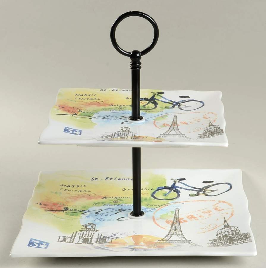 Paris Travels 2 Tiered Serving Tray (Square Dinner&Salad Plate) by 222 Fifth (PTS)-1