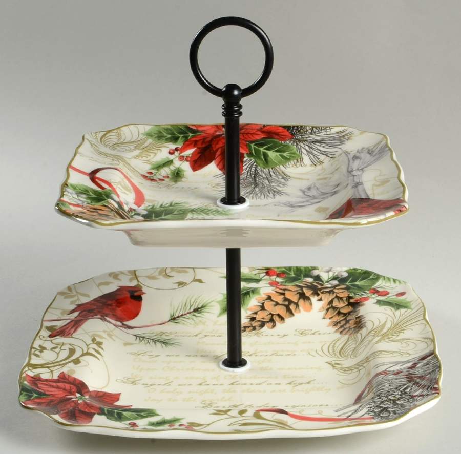Holiday Wishes 2 Tiered Serving Tray (Square Dinner&Salad Plate) by 222 Fifth (PTS)-1