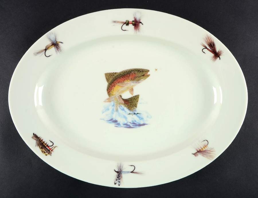 Jumping Trout and Dry Flies 14" Oval Serving Platter by Anglers Expressions-1