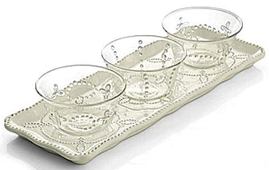 Gabrielle Scallop White (4 Pc) Condiment Set(3 Glass Bowls&Ceramic Tray) by American Atelier-1