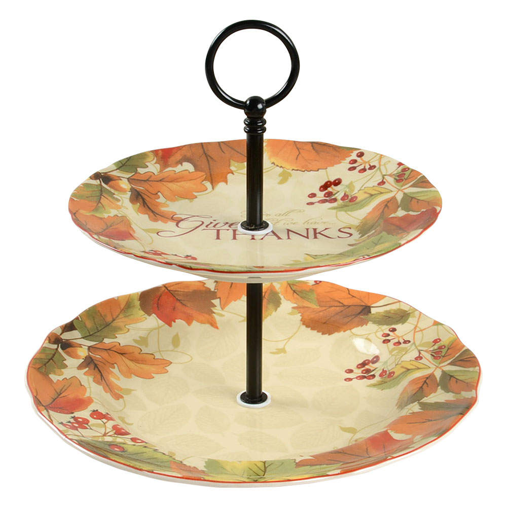 Harvest Festival Cream 2 Tiered Serving Tray (Dinner & Salad Plate) by 222 Fifth (PTS)-1