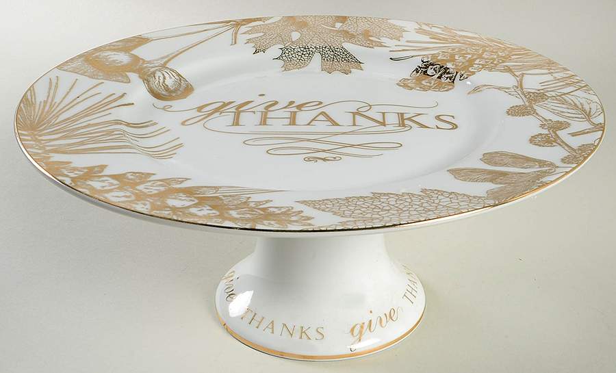 Thanksgiving Give Thanks (Gold) 10" Diameter Pedestal Cake Stand by 222 Fifth (PTS)-1