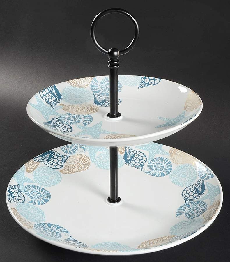 Batik Shells Blue 2 Tiered Serving Tray (Dinner & Salad Plate) by 222 Fifth (PTS)-1