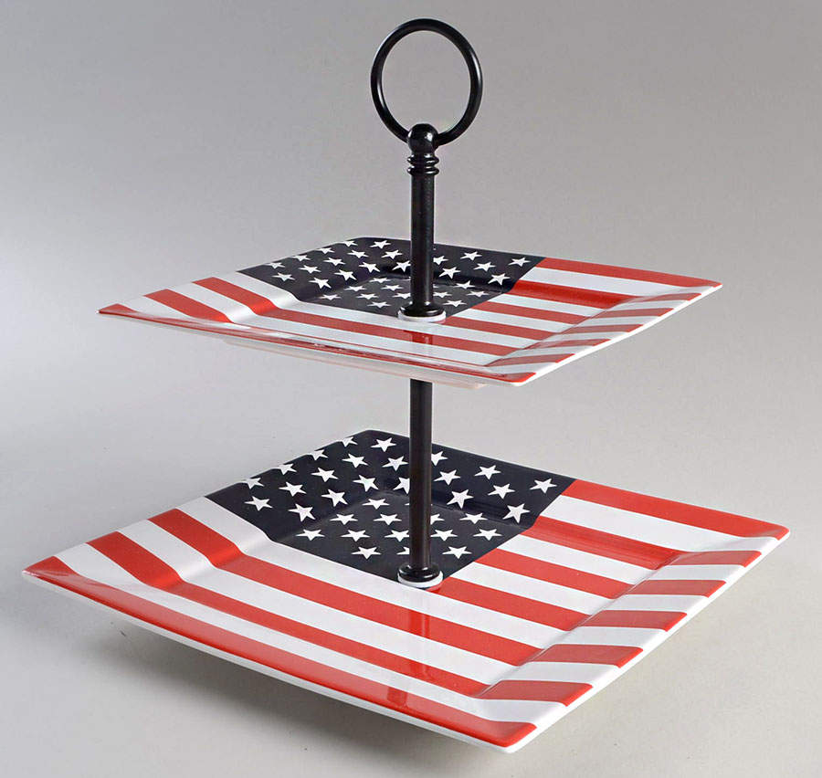 American Flag 2 Tiered Serving Tray (Square Dinner&Salad Plate) by 222 Fifth (PTS)-1