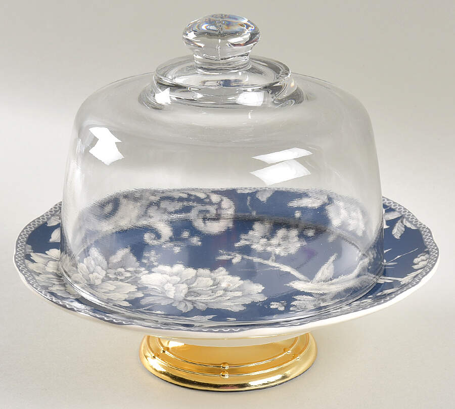 Adelaide Dark Blue 6 1/2"-7 1/2" Footed Cheese Plate w/ Glass Dome HC by 222 Fifth (PTS)-1