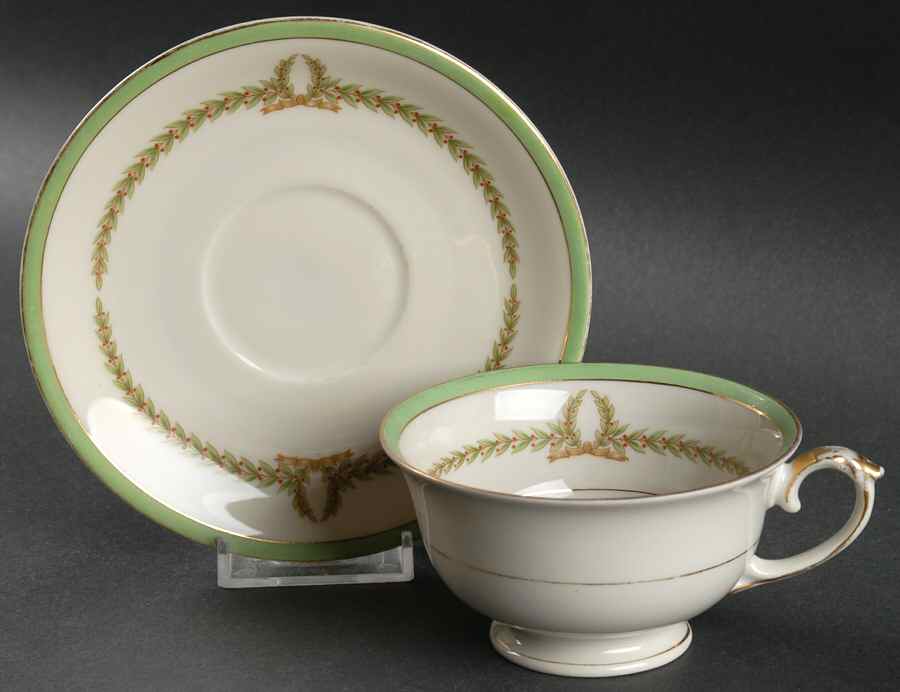 Lyric (Green Design, Off White) Footed Cup & Saucer Set by Baronet-1