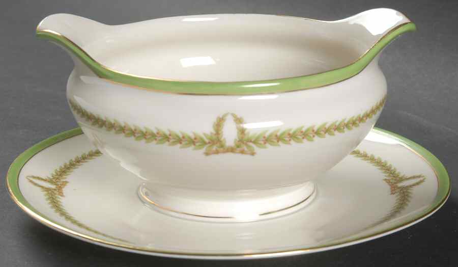 Lyric (Green Design, Off White) Gravy Boat with Attached Underplate by Baronet-1
