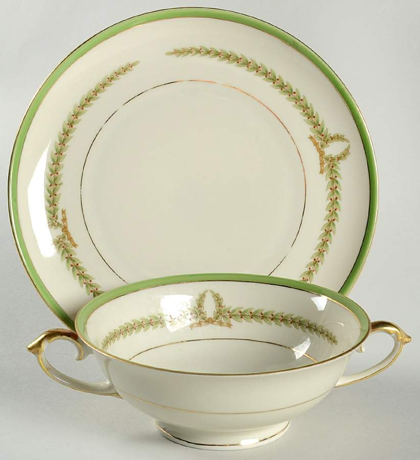 Lyric (Green Design, Off White) Footed Cream Soup Bowl & Saucer Set by Baronet-1