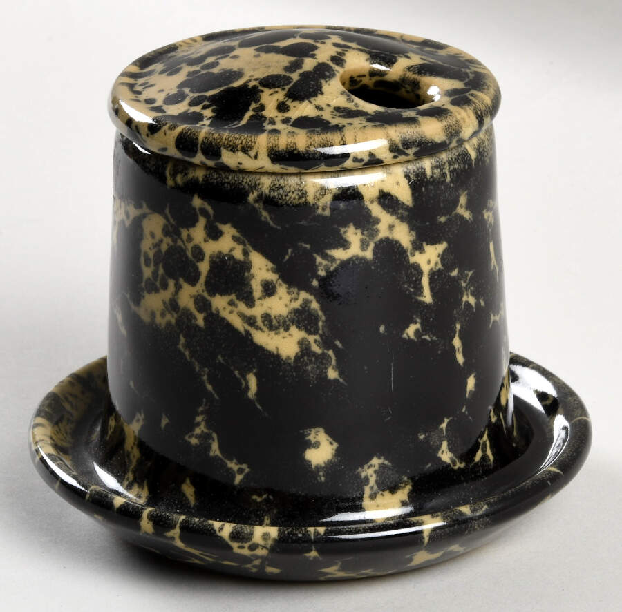 Agate Black and Tan Jam/Jelly & Lid w/Attached Underplate by Bennington Potters-1