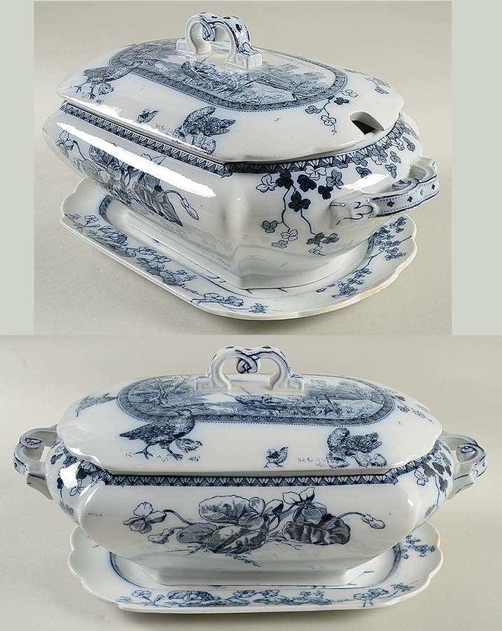Woodland Blue Oval Tureen & Lid with Underplate by Brownfield-1