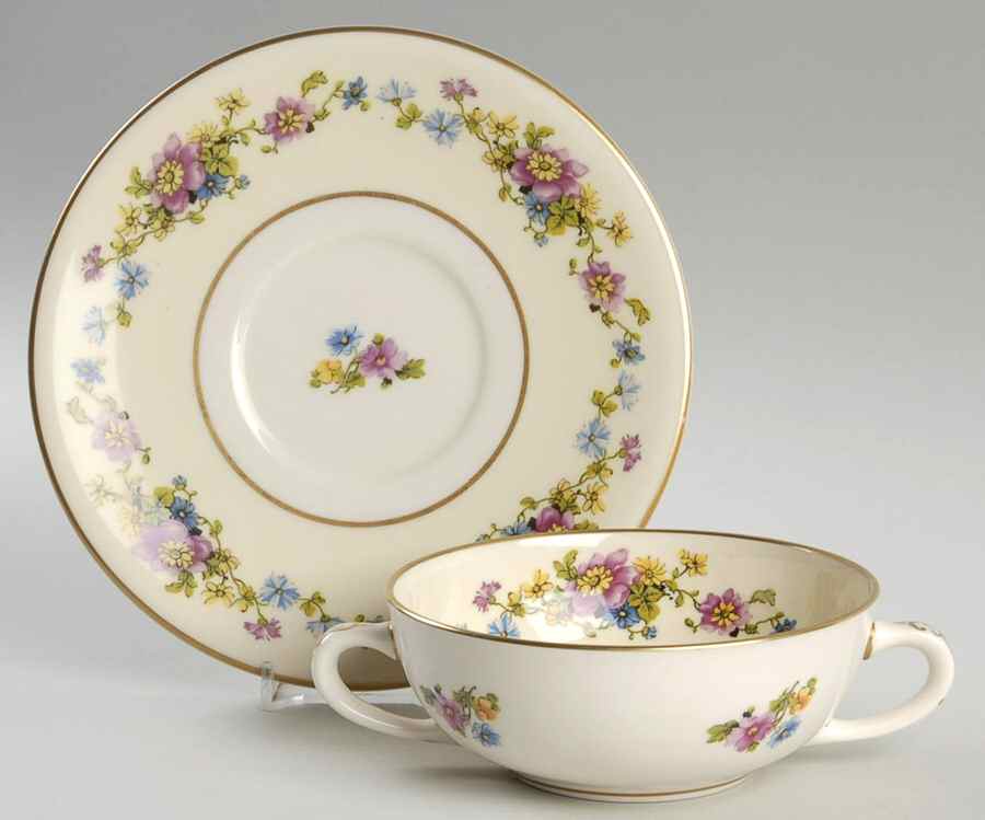 Wild Rose (USA) Flat Cream Soup Bowl & Saucer Set by Morgan Belleek (USA)-1