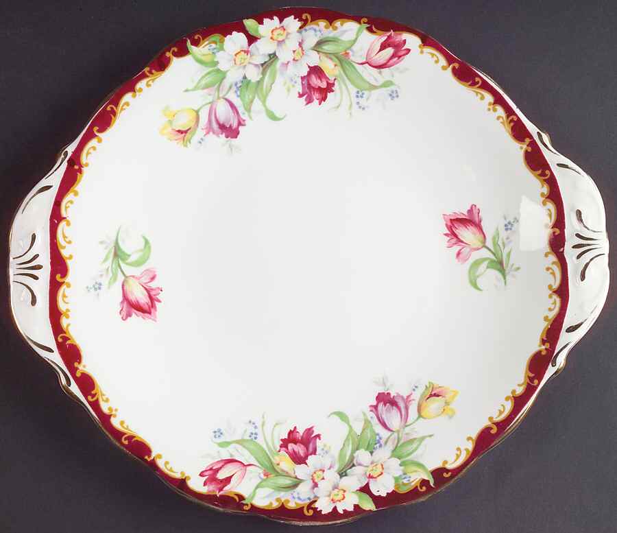 Narcissus (Maroon) Handled Cake Plate by Bell China-1