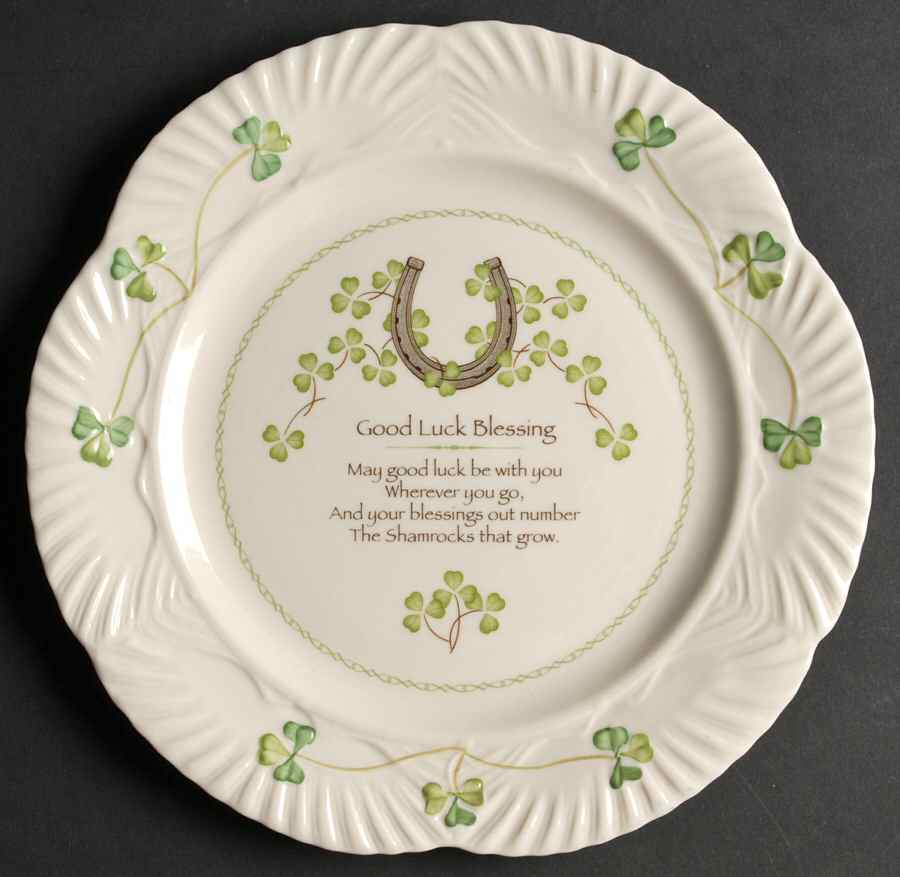 Harp Shamrock Good Luck Blessing Plate by Belleek Pottery (Ireland)-1