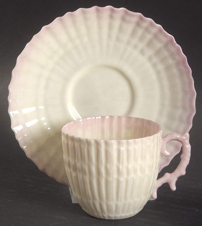 Limpet Pink (No Trim, Smooth) Flat Demitasse Cup & Saucer Set by Belleek Pottery (Ireland)-1