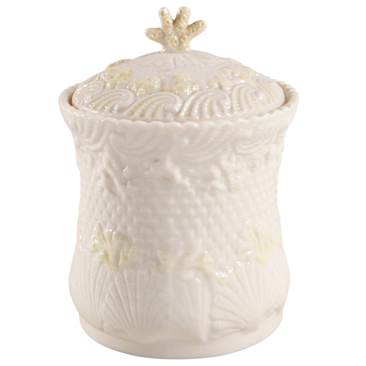 New Shell Yellow Biscuit Barrel & Lid by Belleek Pottery (Ireland)-1