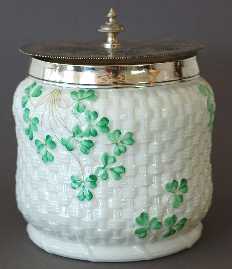 Shamrock Biscuit Barrel & Metal Lid by Belleek Pottery (Ireland)-1