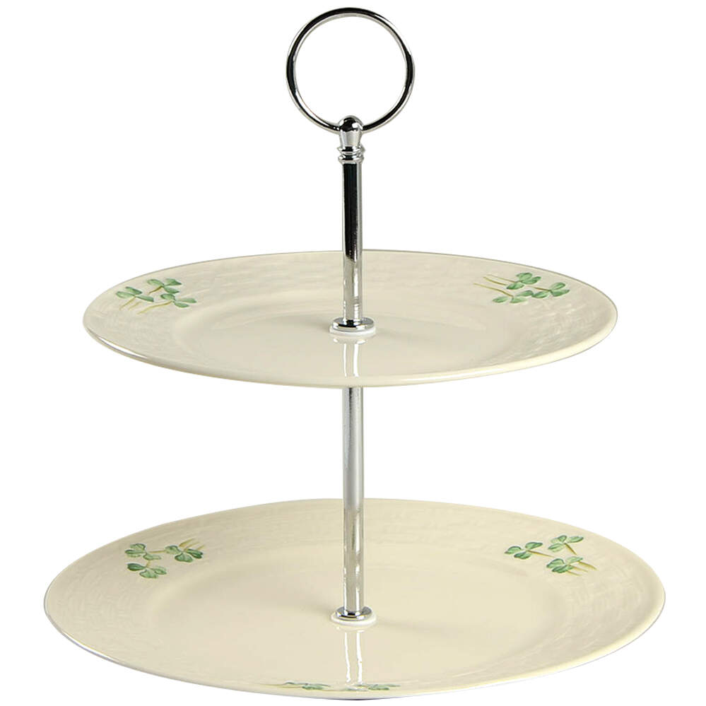Shamrock 2-Tiered Serving Tray (Salad & Bread/Butter Plate) by Belleek Pottery (Ireland)-1
