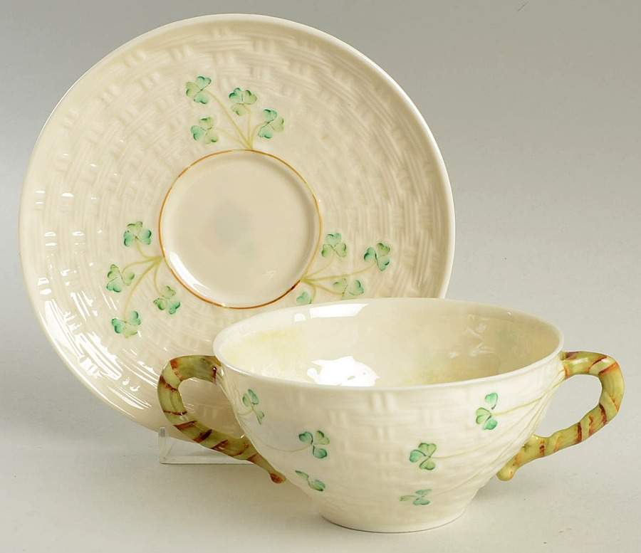 Shamrock Flat Cream Soup Bowl & Saucer Set by Belleek Pottery (Ireland)-1