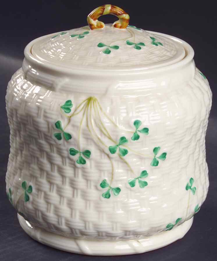 Shamrock Biscuit Barrel & Lid by Belleek Pottery (Ireland)-1