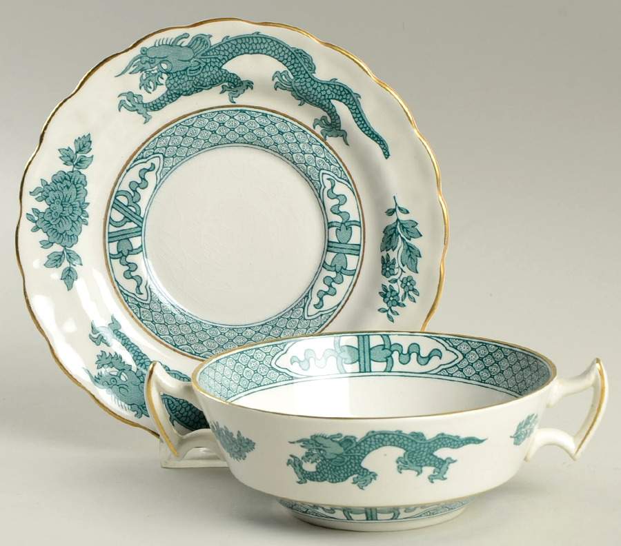 Dragon Green Flat Cream Soup Bowl & Saucer Set by Booths-1
