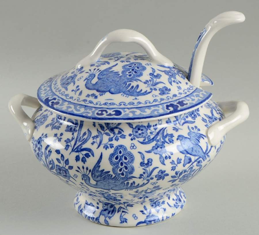 Blue Bird-Regal Peacock Sauce Boat & Lid with Ladle by Burgess & Leigh-1