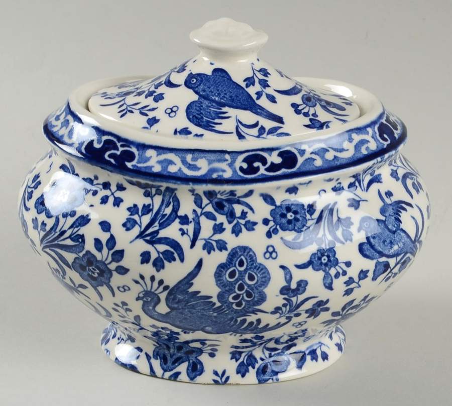 Blue Bird-Regal Peacock Sugar Bowl/Jam/Jelly & Lid by Burgess & Leigh-1