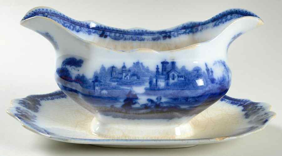 Non Pareil (Flow Blue) Gravy Boat with Attached Underplate by Burgess & Leigh-1